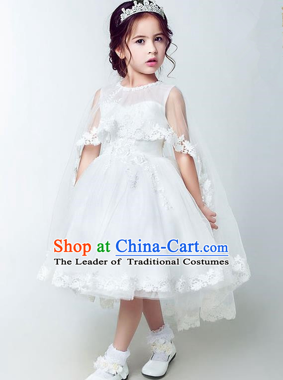 Children Christmas Model Show Dance Costume White Veil Bubble Dress, Ceremonial Occasions Catwalks Princess Full Dress for Girls