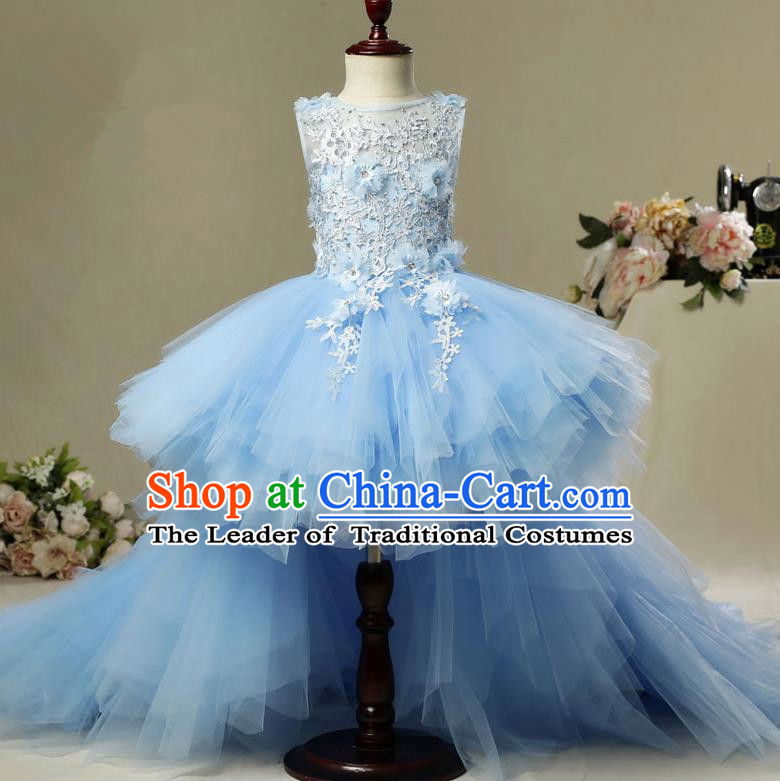 Children Christmas Model Show Dance Costume Blue Veil Trailing Dress, Ceremonial Occasions Catwalks Princess Full Dress for Girls