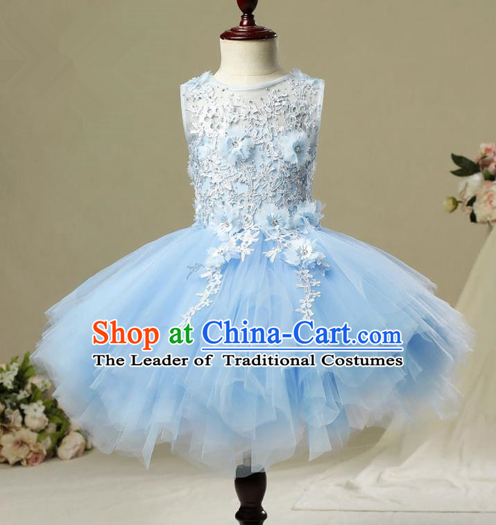 Children Christmas Model Show Dance Costume Blue Veil Bubble Dress, Ceremonial Occasions Catwalks Princess Full Dress for Girls