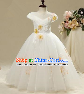 Children Christmas Model Show Dance Costume Embroidered White Dress, Ceremonial Occasions Catwalks Princess Full Dress for Girls