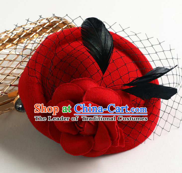 Handmade Children Hair Accessories Red Hat, Princess Halloween Model Show Top Hat Headwear for Kids