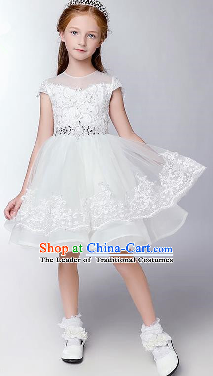 Children Christmas Model Show Dance Costume White Veil Dress, Ceremonial Occasions Catwalks Princess Full Dress for Girls