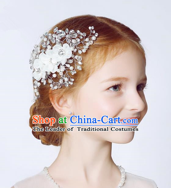 Handmade Children Hair Accessories White Flowers Hair Stick, Princess Halloween Model Show Crystal Headwear for Kids