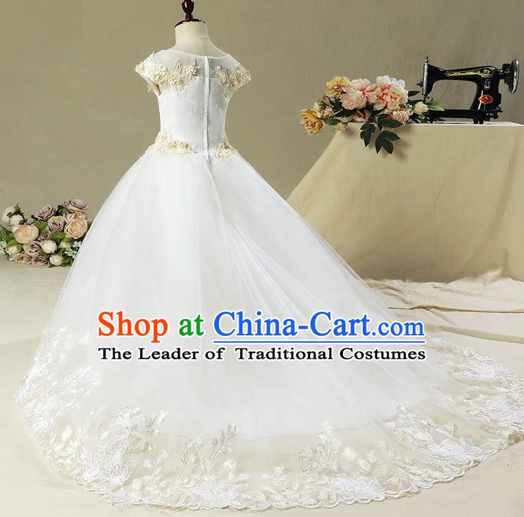 Children Christmas Model Show Dance Costume White Trailing Dress, Ceremonial Occasions Catwalks Princess Full Dress for Girls