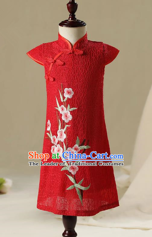 Children China Model Show Dance Costume Red Cheongsam, Ceremonial Occasions Catwalks Princess Qipao for Girls