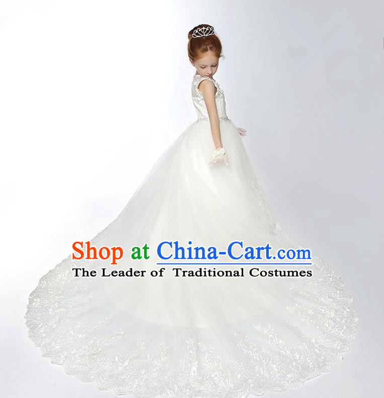 Children Model Show Dance Costume White Veil Trailing Dress, Ceremonial Occasions Catwalks Princess Full Dress for Girls