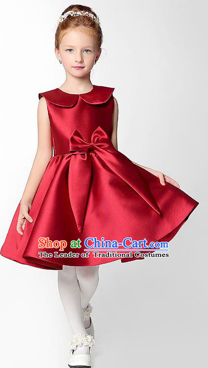 Children Model Show Dance Costume Red Satin Dress, Ceremonial Occasions Catwalks Princess Full Dress for Girls