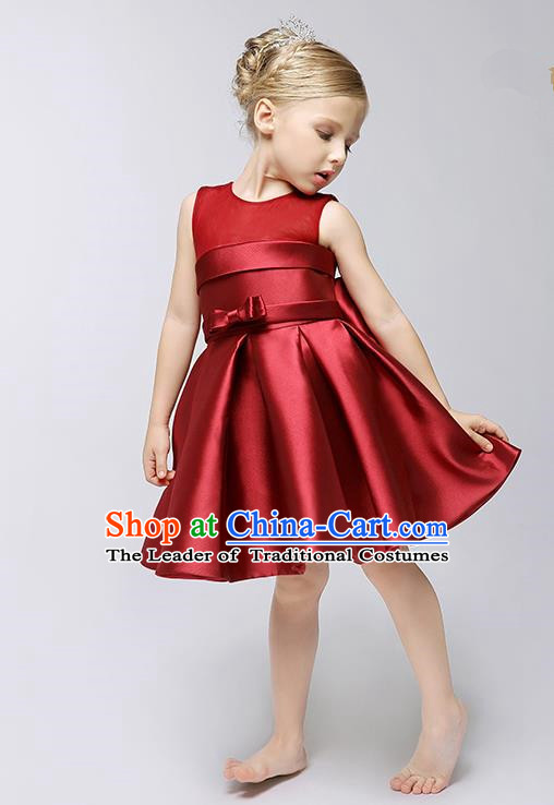 Children Model Show Ballet Dance Costume Wine Red Satin Dress, Ceremonial Occasions Catwalks Princess Full Dress for Girls