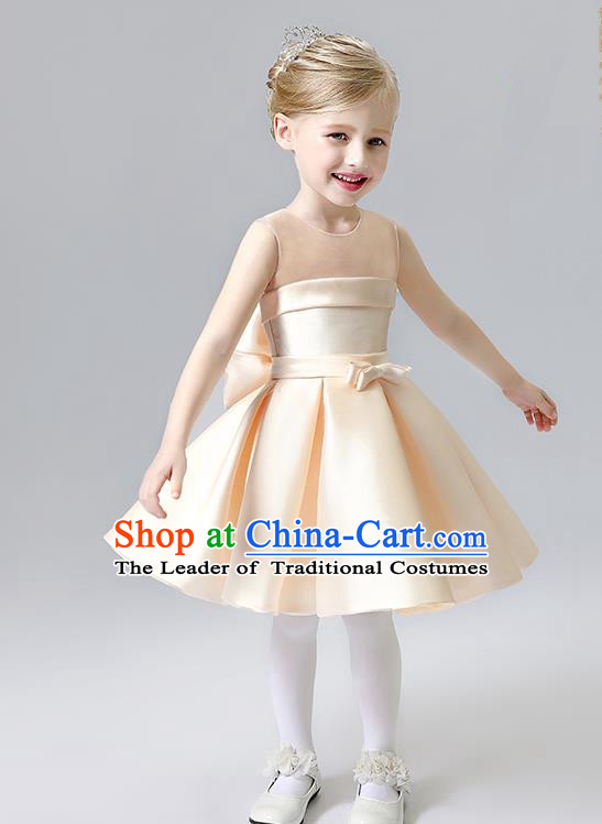 Children Model Show Ballet Dance Costume Champagne Satin Dress, Ceremonial Occasions Catwalks Princess Full Dress for Girls