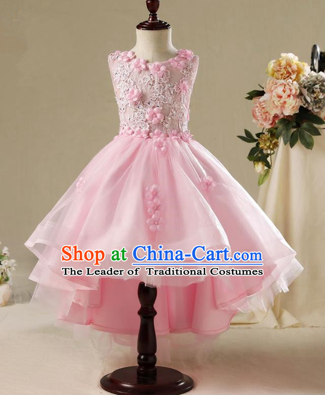 Children Model Show Ballet Dance Costume Pink Flowers Veil Dress, Ceremonial Occasions Catwalks Princess Full Dress for Girls