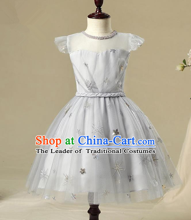 Children Model Show Dance Costume Grey Bubble Dress, Ceremonial Occasions Catwalks Princess Full Dress for Girls