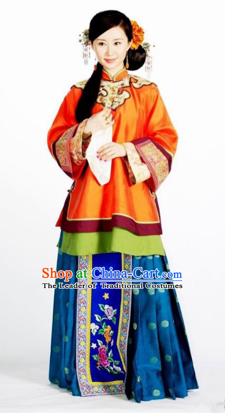 Asian Chinese Qing Dynasty Traditional Manchu Nobility Lady Embroidered Costume and Handmade Headpiece Complete Set