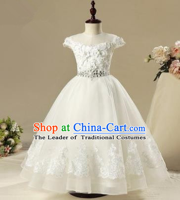 Children Model Show Dance Costume Embroidery White Full Dress, Ceremonial Occasions Catwalks Princess Veil Dress for Girls