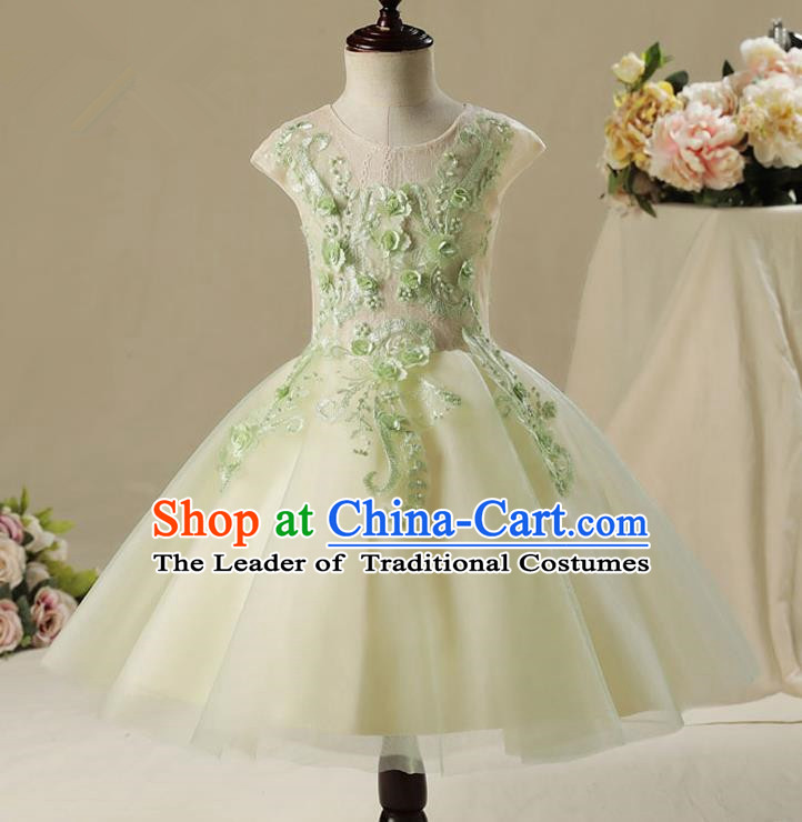 Children Model Show Dance Costume Embroidery Green Bubble Full Dress, Ceremonial Occasions Catwalks Princess Veil Dress for Girls