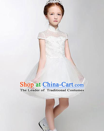 Children Model Show Dance Costume White Bubble Full Dress, Ceremonial Occasions Catwalks Princess Embroidery Dress for Girls