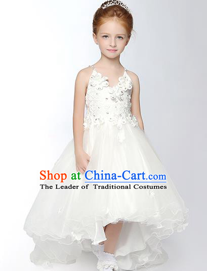 Children Model Dance Costume Compere White Veil Full Dress, Ceremonial Occasions Catwalks Princess Embroidery Dress for Girls