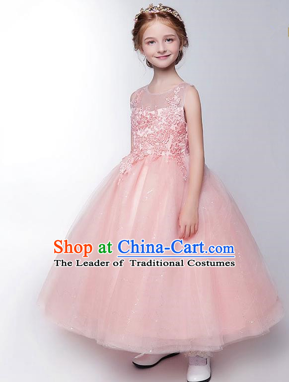 Children Model Show Dance Costume Pink Lace Compere Full Dress, Ceremonial Occasions Catwalks Princess Embroidery Dress for Girls