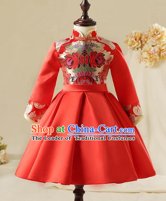 Children Model Dance Costume Compere China Red Cheongsam, Ceremonial Occasions Catwalks Princess Embroidery Dress for Girls