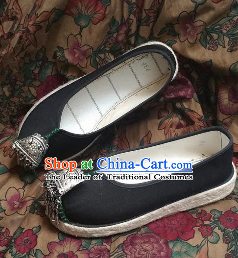 Asian Chinese Shoes Wedding Shoes Black Multi-layered Cloth Shoes, Traditional China Opera Shoes Hanfu Shoes Embroidered Princess Shoes