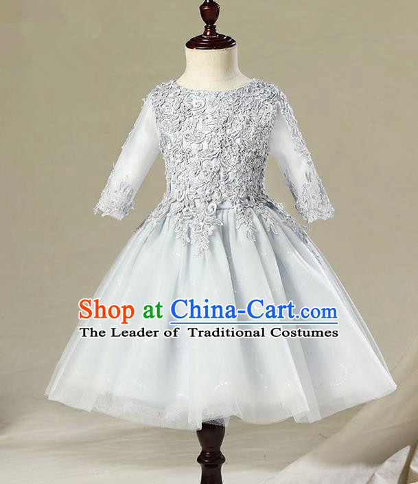 Children Model Dance Costume Compere Grey Veil Bubble Evening Dress, Ceremonial Occasions Catwalks Princess Embroidery Dress for Girls