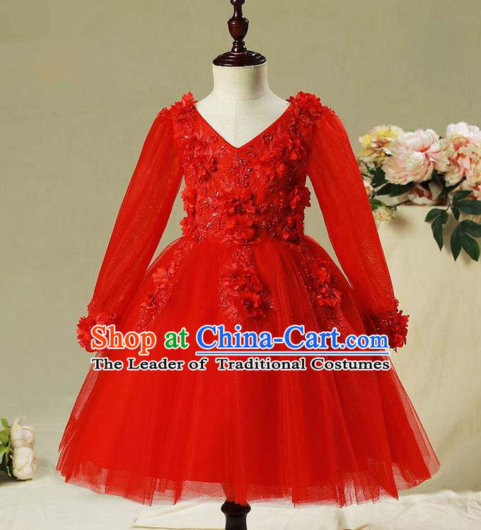 Children Modern Dance Costume Compere Red Veil Embroidery Evening Dress Princess Bubble Dress for Girls