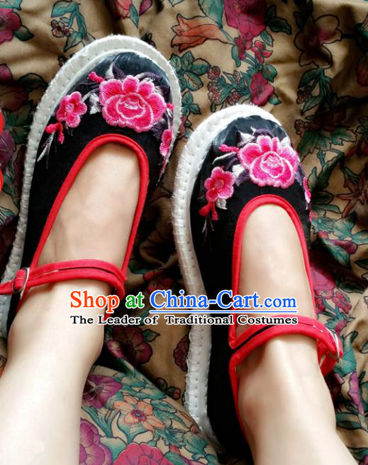 Asian Chinese National Embroidery Peony Black Cloth Shoes, Traditional China Princess Handmade Embroidered Shoes Hanfu Shoe for Women