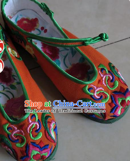 Asian Chinese Martial Arts Shoes Wedding Shoes Handmade Orange Embroidered Shoes, Traditional China Princess Shoes Hanfu Shoe for Women