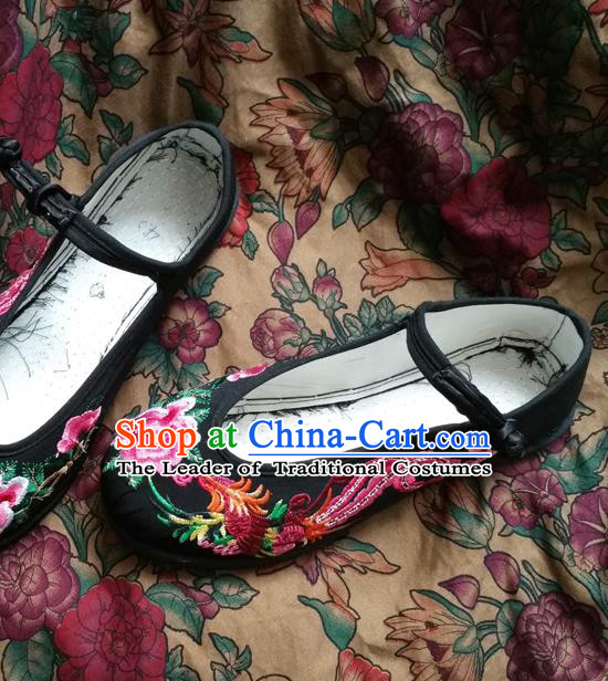 Asian Chinese National Embroidered Shoes, Traditional China Handmade Shoes Hanfu Embroidery Phoenix Peony Black Shoe for Women