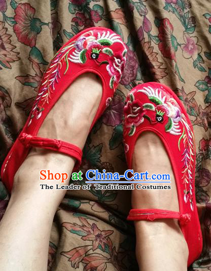 Asian Chinese National Wedding Embroidered Shoes, Traditional China Handmade Shoes Hanfu Embroidery Phoenix Peony Red Shoe for Women