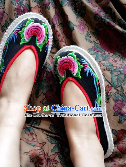 Traditional Chinese National Black Melaleuca Shoes Embroidered Shoes, China Handmade Shoes Hanfu Embroidery Shoes for Women