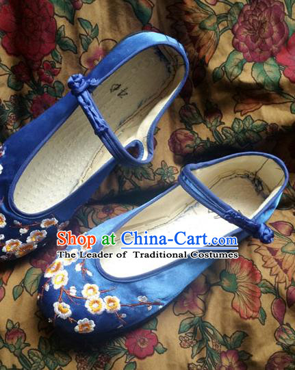 Traditional Chinese National Blue Satin Shoes Embroidered Shoes, China Handmade Shoes Hanfu Embroidery Shoes for Women