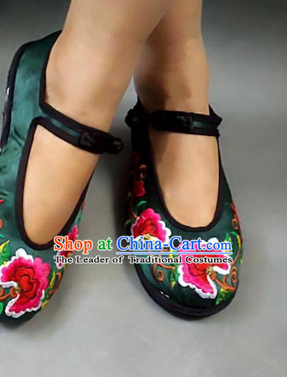 Traditional Chinese National Green Satin Shoes Embroidered Shoes, China Handmade Shoes Hanfu Embroidery Peony Shoes for Women