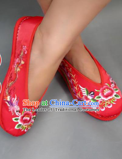 Traditional Chinese National Red Shoes Embroidered Shoes, China Handmade Shoes Hanfu Embroidery Dragon and Phoenix Shoes for Women