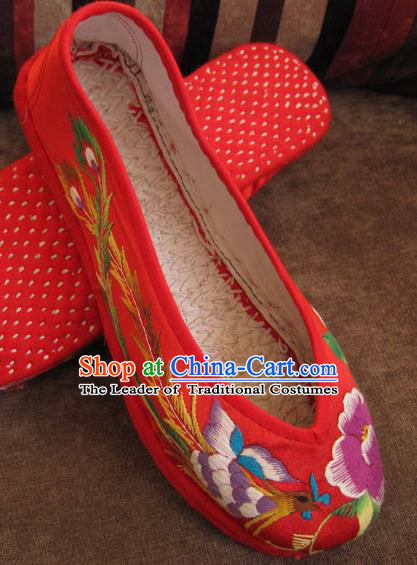 Traditional Chinese National Red Wedding Shoes Embroidered Shoes, China Handmade Shoes Hanfu Embroidery Dragon and Phoenix Shoes for Women