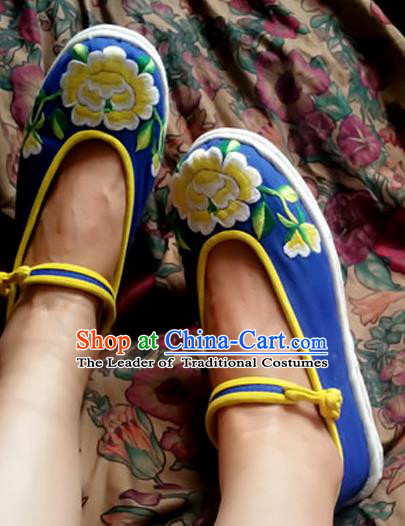 Traditional Chinese National Blue Cloth Shoes Embroidered Shoes, China Handmade Shoes Hanfu Embroidery Peony Shoes for Women