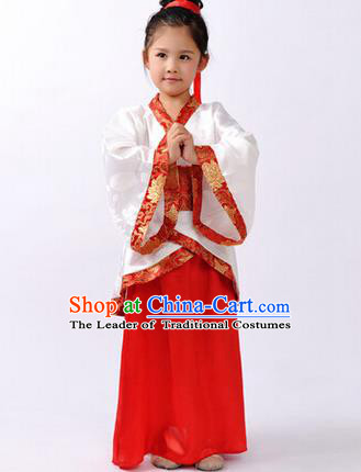 Asian China Ancient Han Dynasty Palace Lady Costume, Traditional Chinese Hanfu Embroidered Red Curve Bottom Clothing for Kids