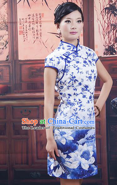 Traditional Ancient Chinese Republic of China Cheongsam, Asian Chinese Chirpaur Short Blue Qipao Dress Clothing for Women