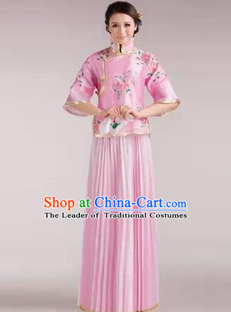 Traditional Ancient Chinese Manchu Nobility Lady Costume, Asian Chinese Qing Dynasty Embroidered Pink Dress Clothing for Women