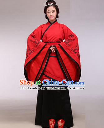 Traditional Ancient Chinese Imperial Consort Costume, Elegant Hanfu Chinese Han Dynasty Imperial Empress Red Embroidered Clothing for Women