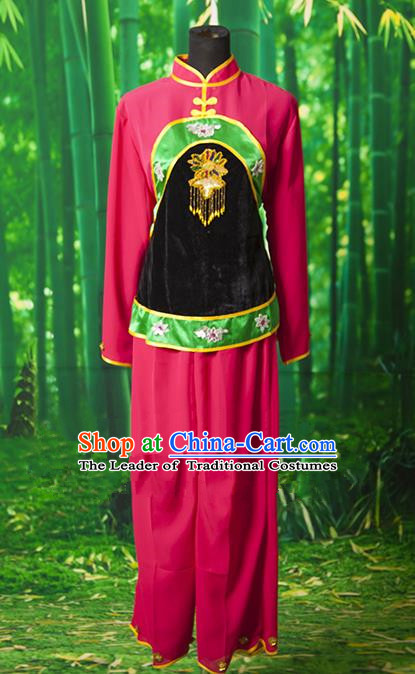 Traditional Chinese Classical Dance Yangge Fan Dancing Costume, Folk Dance Drum Dance Yangko Rosy Clothing for Women