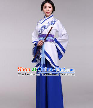 Traditional Ancient Chinese Imperial Princess Costume, Elegant Hanfu Chinese Han Dynasty Imperial Empress Embroidered Blue Clothing for Women