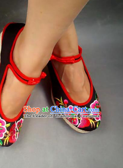 Traditional Chinese National Black Cloth Shoes Embroidered Shoes, China Handmade Shoes Hanfu Embroidery Flower Shoes for Women