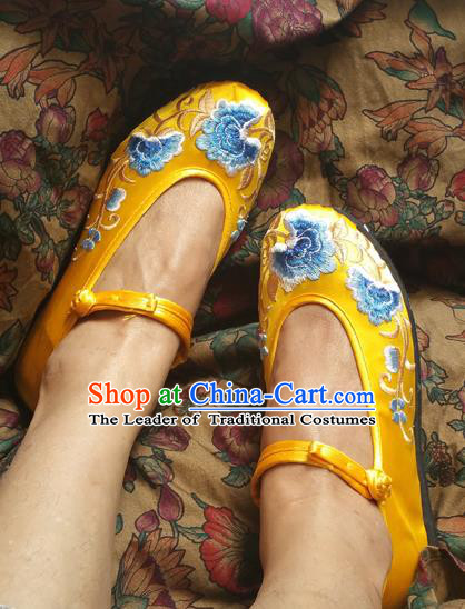 Traditional Chinese National Embroidered Shoes Yellow Satin Shoes, China Handmade Shoes Hanfu Embroidery Shoes for Women