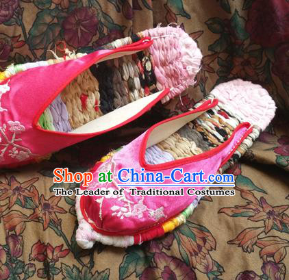 Traditional Chinese National Embroidered Shoes Handmade Pink Satin Slippers, China Hanfu Embroidery Flowers Shoes for Women