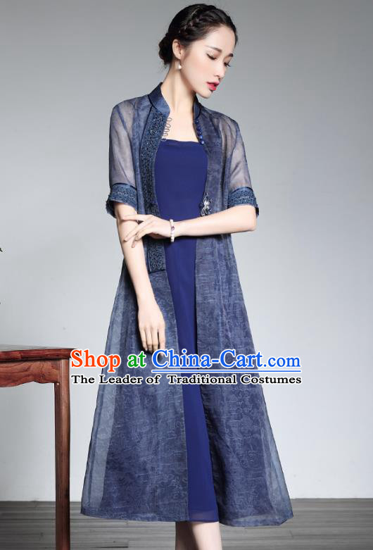 Traditional Chinese National Costume Elegant Hanfu Blue Cheongsam and Coat, China Tang Suit Chirpaur Dust Coat for Women