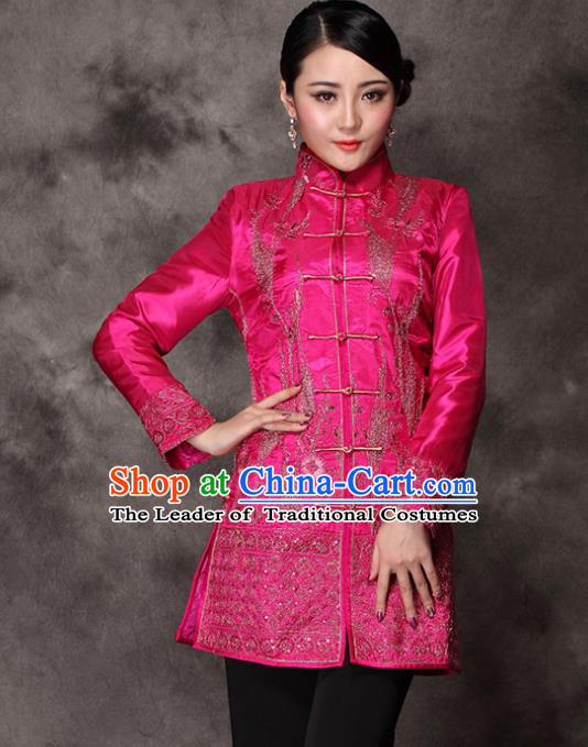 Traditional Chinese National Costume Elegant Hanfu Embroidered Rosy Coat, China Tang Suit Plated Buttons Upper Outer Garment for Women