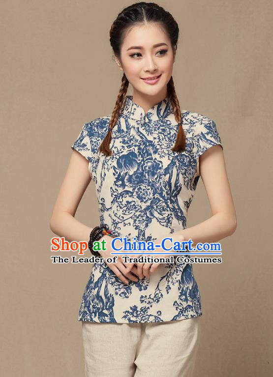 Traditional Chinese National Costume Elegant Hanfu Plated Button Printing Shirt, China Tang Suit Upper Outer Garment Cheongsam Blouse for Women