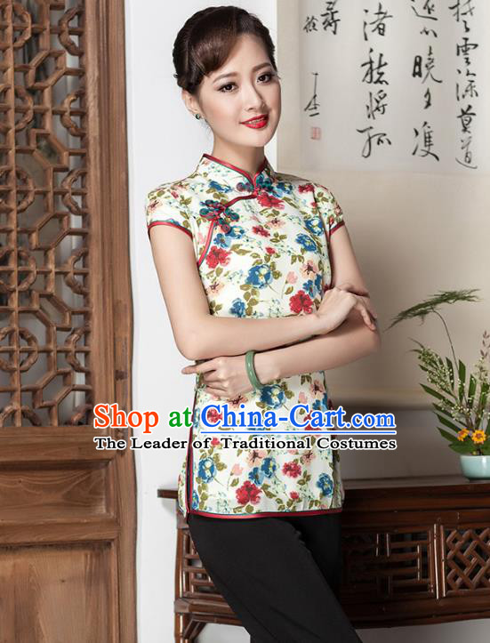 Traditional Chinese National Costume Elegant Hanfu Plated Button Printing White Shirt, China Tang Suit Upper Outer Garment Cheongsam Blouse for Women