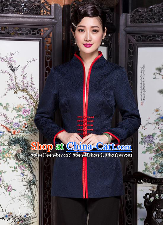 Traditional Chinese National Costume Elegant Hanfu Navy Brocade Coat, China Tang Suit Plated Buttons Jacket for Women