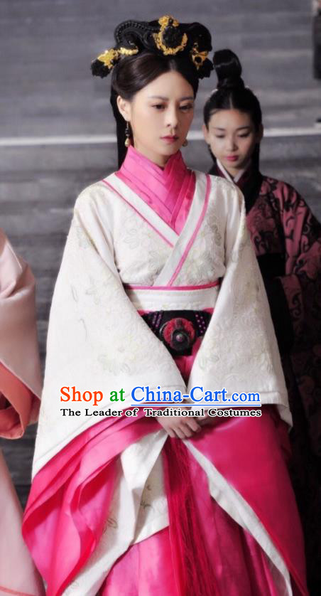 Asian China Qin Dynasty Princess Costume and Headpiece Complete Set, Traditional Chinese Ancient Palace Lady Embroidered Clothing for Women